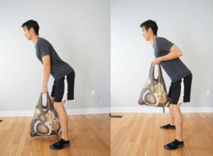 man using a grocery bag to performing a bent over rowing exercise