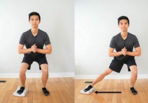 man performing a side-lunge exercise with one foot on a folded towel