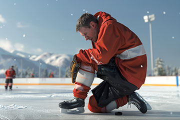 hockey player holding knee in pain